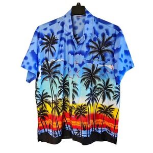 Vintage Happy Bay‎ Men's Hawaiian Shirt Large Tropical Palm Trees Short Sleeve